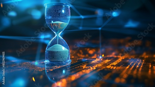 A digital hourglass with sand made of encrypted code, symbolizing the race against time in cyber security to prevent data breaches and attacks. 32k, full ultra hd, high resolution photo