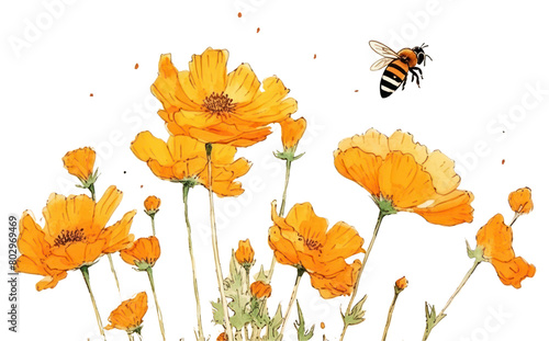 PNG Flowers and bee animal insect sketch.