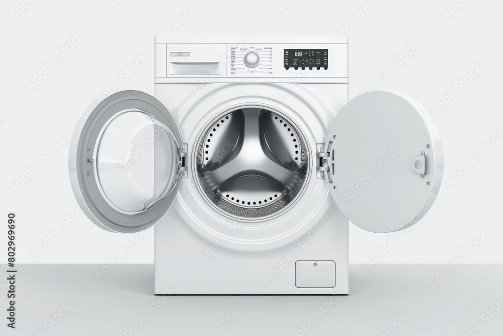 A white washing machine with its door open. Suitable for household appliance concepts A white washing machine with its door open. Suitable for household appliance concepts
