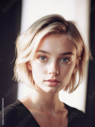 giovane ragazza dai capelli biondi, occhi azzurri, primo piano luce naturale in penombra photo