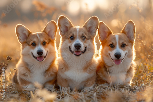 A trio of fluffy corgi puppies frolicking in a field of tall grass on a sunny day. photo