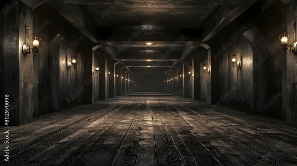 Dimly Lit Underground Hallway with Wooden Floors and Ominous Atmosphere