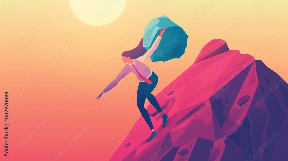 Business challenge vector concept with businesswoman as sisyphus pushing rock uphill. Symbol of difficulty, ambition, motivation, struggle
