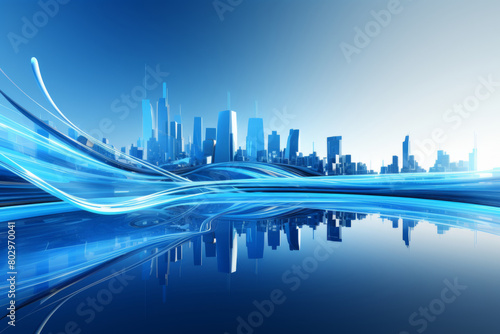 Blue waves, Art Abstract Background .Modern City skyline business Background.