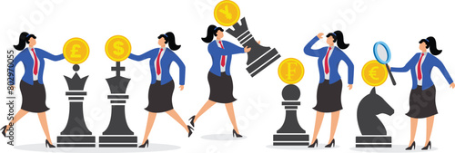Business and Economic Strategies, Global Currency Transactions and Competition, Plans and Objectives for Winning Business Competitions, Chess and Global Currencies on a Group of Businesswomen in Busin