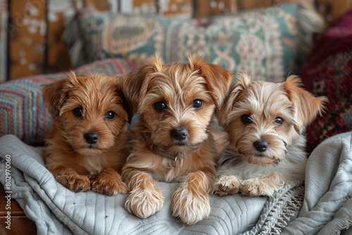 A trio of mischievous terrier puppies causing chaos in a cozy living room.