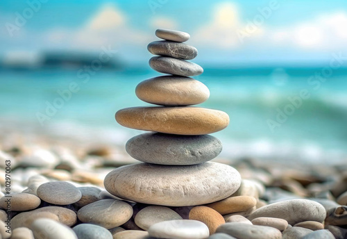 Pile of pebble zen stones stacked and balanced in harmony on the beach. Balance and stability concept.