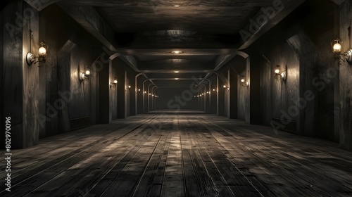 Dimly Lit Underground Hallway with Wooden Floors and Ominous Atmosphere © yelosole