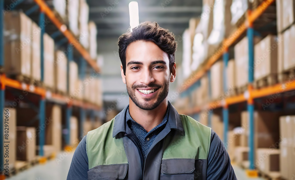Candid portrait of a male caucasian warehouse worker with store shelves full of boxes in the background. Candid portrait of a male caucasian warehouse worker with store shelves full of boxes in the background.