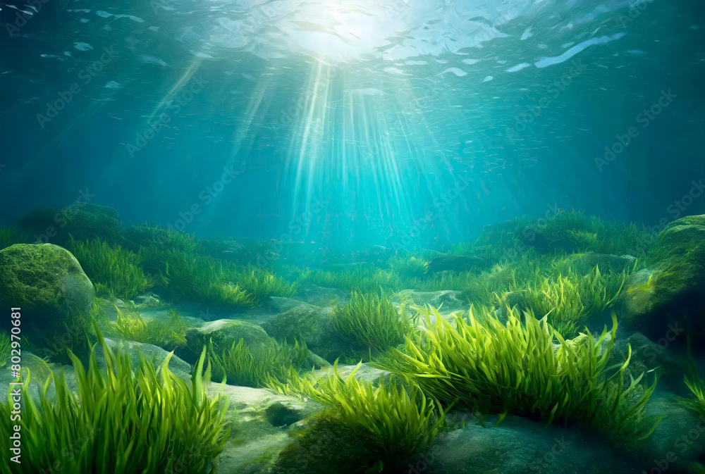 Obraz premium Underwater seascape with green aquatic algae on the ocean floor with natural sunlight.