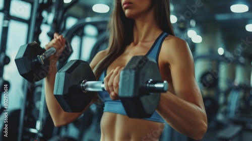 Close-up of fit young woman working out with dumbbells in a fitness gym © Mustafa
