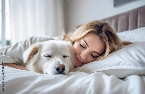 Young beautiful blonde caucasian woman and white labrador retriever dog sleeping together in bed.
