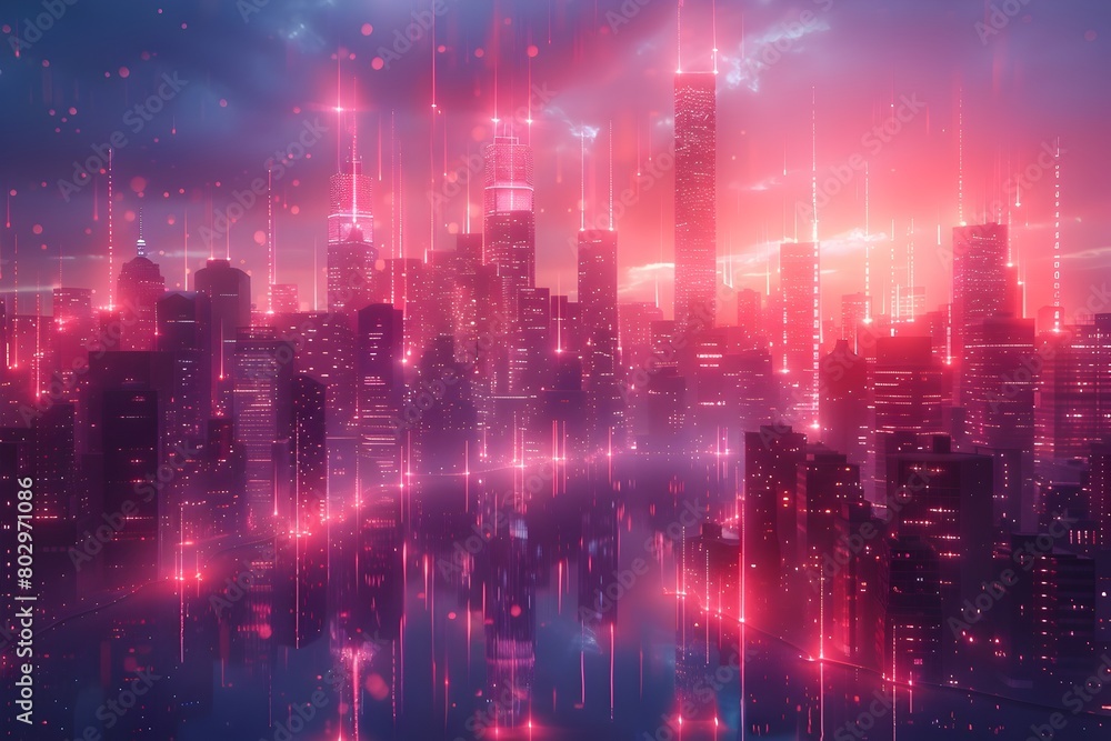 Futuristic Neon-Lit Cityscape with Towering Skyscrapers and Glowing Lights in the Night Sky