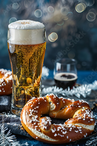 close up of pretzels and beer