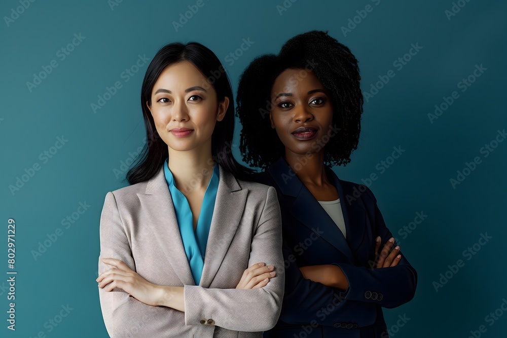 2 confident businesswomen, one Asian and one African, standing side by side against a teal background 2 confident businesswomen, one Asian and one African, standing side by side against a teal background
