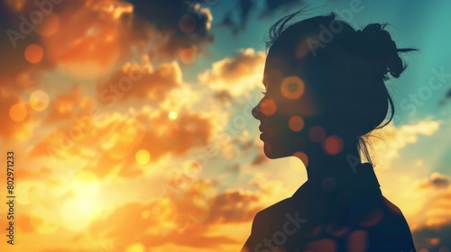 Creative background, business silhouette, business girl on the background of a beautiful, golden sunset. The concept of inspiration, enthusiasm, start-up, feminism symphony