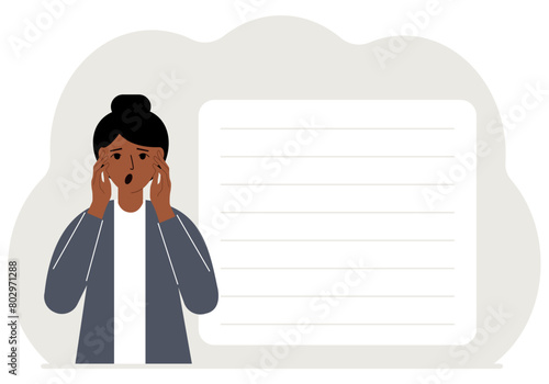 The woman clasped his head in his hands. Shock, surprise. Vector flat illustration.