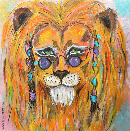 Hipster Lion portrait original painting in impressionistic style