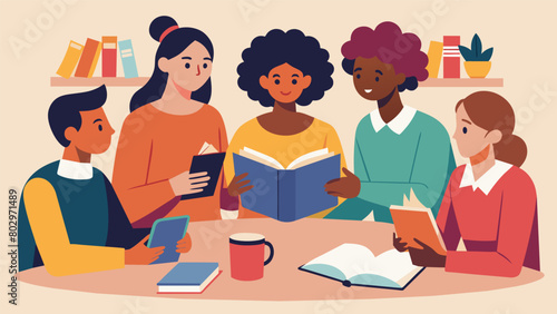 A bustling book club meeting where members engage in a lively discussion about the themes and symbolism in a book written by an African American. Vector illustration