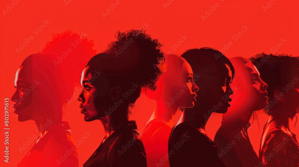 Diversity - Violence Against Women - Global March for Equality - Silhouette of Different Women on a Red Background