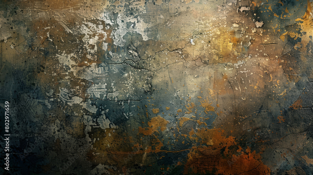 Weathered texture with rust and peeling paint in blue and orange tones on abstract background