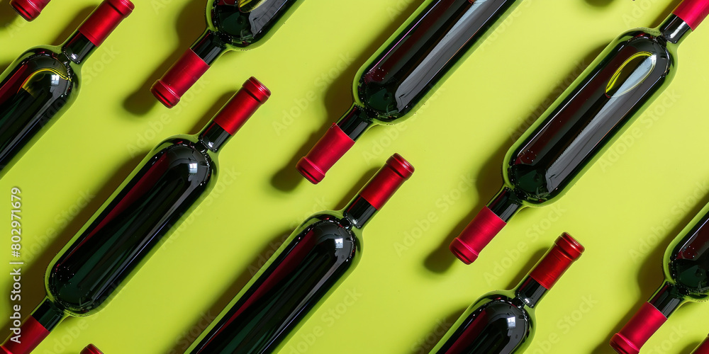 Obraz premium Top View of Red Wine Bottles on Green Background in 3D Rendering for Wine Advertisement or Product Showcase