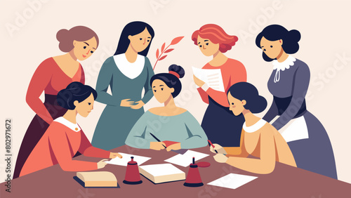 A group of women gathered around a table dipping their quills in ink as they pour their hearts onto paper sending letters to their husbands fighting. Vector illustration