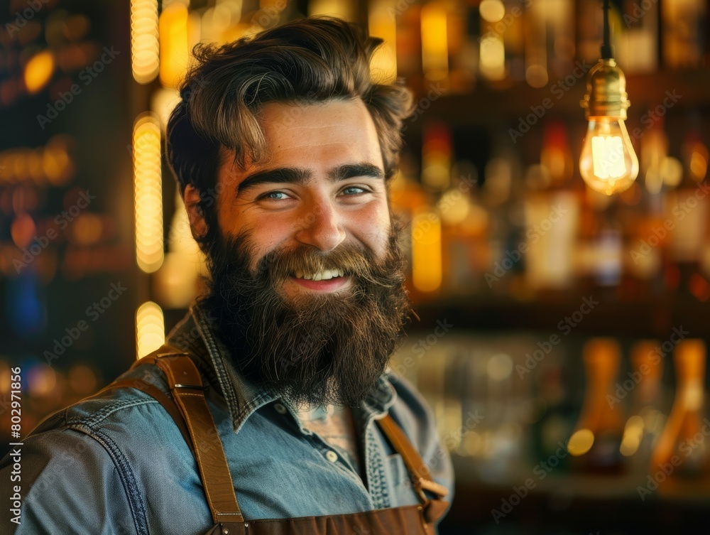 Barman with Beard Smiling at Bar Background Barman with Beard Smiling at Bar Background