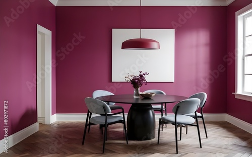 Empty-painted viva magenta wall.dark grey color chairs  furniture with black table and blank background. mockup Dinning room design. 3d render