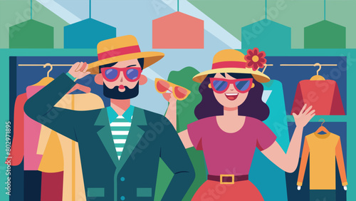 The couple tries on silly hats and sunglasses in the costume section of the thrift store striking poses and taking photos.. Vector illustration