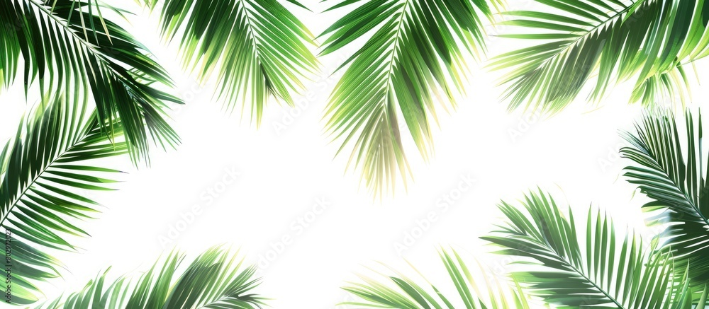 Summer vacation, paradise, travel. Sandy beach, tropical shore, ocean coast. Palm leaves against a white backdrop. Simple summer theme. Artistic design for a banner or poster with empty space for text