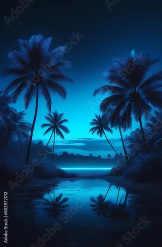 Night landscape with neon blue light. Dark neon palm tree background. Road, retro background, calm and relaxation.