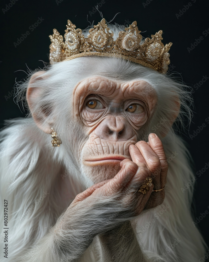 Regal white monkey in gold crown sitting pensively against black background, hand on its chin