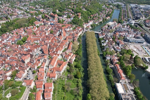 Aerial view around the old town of the city Tübingen in Germany on a sunny day in Spring