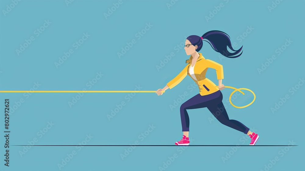 Feminism concept. Strong young woman pulling female symbol up using rope. Flat vector illustration