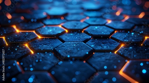 Glowing Hexagon Pattern Abstract 3D Rendering with Futuristic Digital Lights and Geometric Shapes