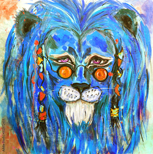 Hipster Lion portrait original painting in impressionistic style