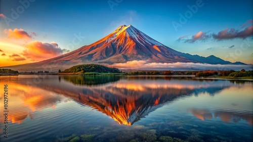 Volcanic mountain in morning light reflected in calm waters of lake © mamo studios