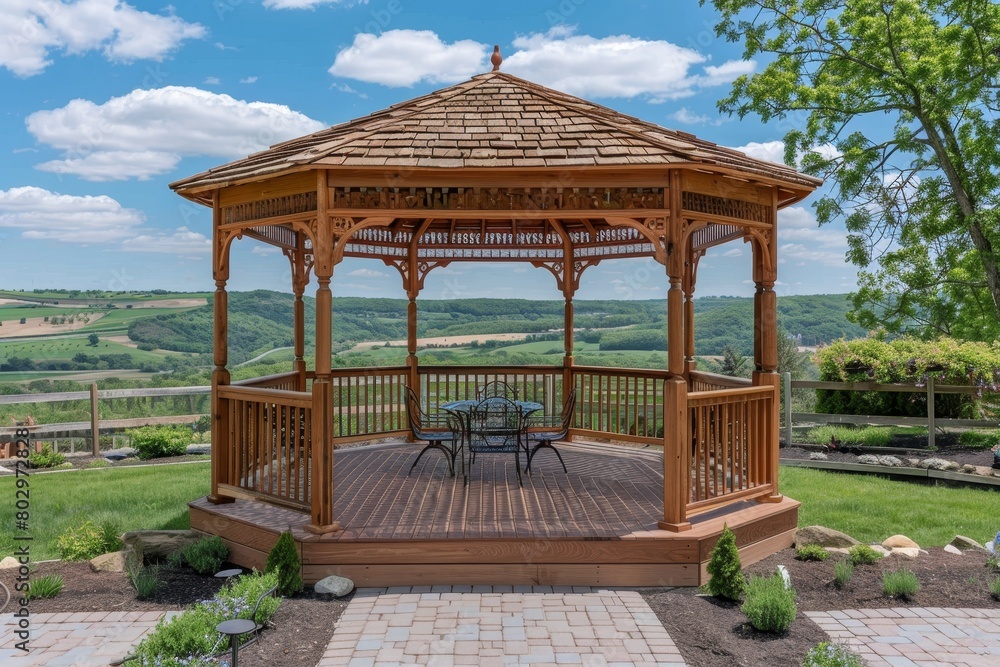Naklejka premium Wooden gazebo with a table and chairs inside it.