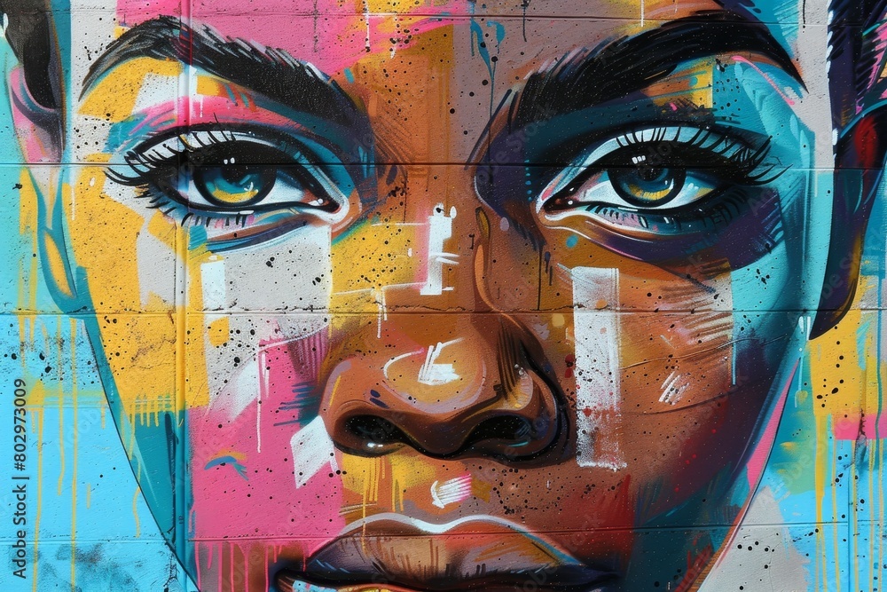 A closeup of a woman's face painted on a brick wall in bright colors. A closeup of a woman's face painted on a brick wall in bright colors.