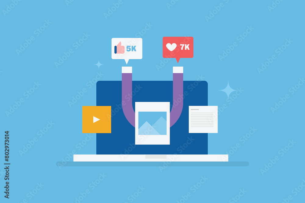 Attracting social media likes and love, Social media audience engagement, Inbound marketing strategy, vector illustration background Attracting social media likes and love, Social media audience engagement, Inbound marketing strategy, vector illustration background