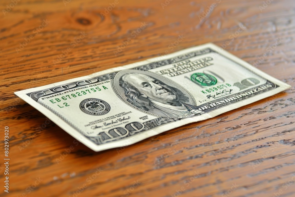 A crisp new 100 dollar bill on a wooden table. A crisp new 100 dollar bill on a wooden table.