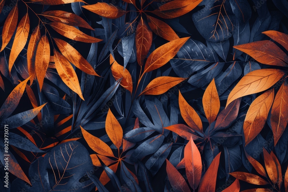 A dark blue background with red and orange leaves. A dark blue background with red and orange leaves.