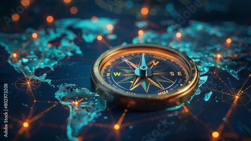 A Compass on a Map with Meeting Points Marked Visualize a map with various meeting points marked and a compass lying on top photo