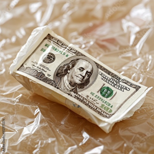 A hundred dollar bill in plastic wrap. photo