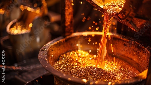 High-resolution photo of a gold refinery at work, focusing on a crucible of molten gold being poured through a sieve to filter out unwanted materials
