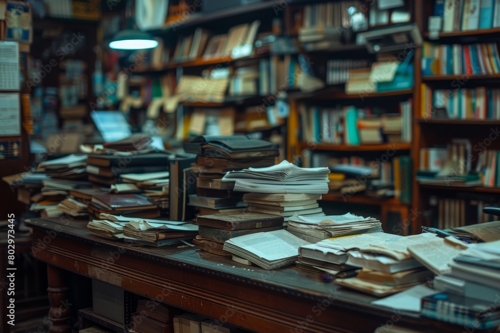 A messy library with stacks of books on a wooden table in front of wooden bookshelves. A messy library with stacks of books on a wooden table in front of wooden bookshelves.