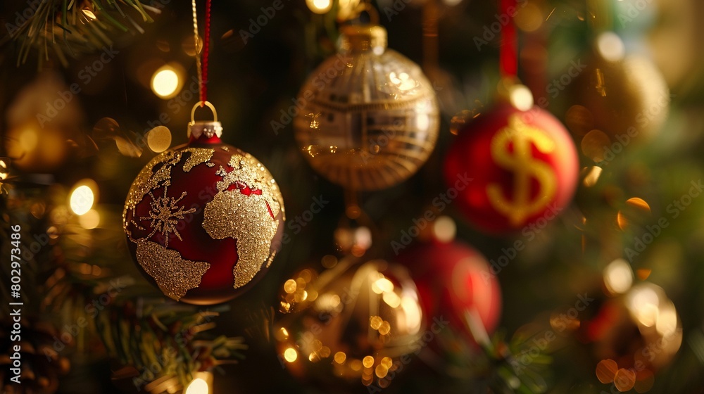 Holiday Ornament Globe with Investment Symbols Show a Christmas tree with ornaments shaped Holiday Ornament Globe with Investment Symbols Show a Christmas tree with ornaments shaped