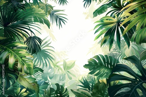 A lush tropical jungle scene with green leaves and plants.