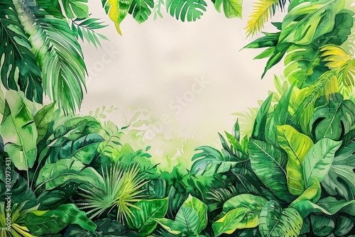 A lush tropical watercolor background with a variety of green leaves and plants.
